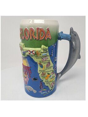 VTG M. Cornell Florida Souvenir Stoneware Mug Stein 3D Relief Map Dolphin Handle